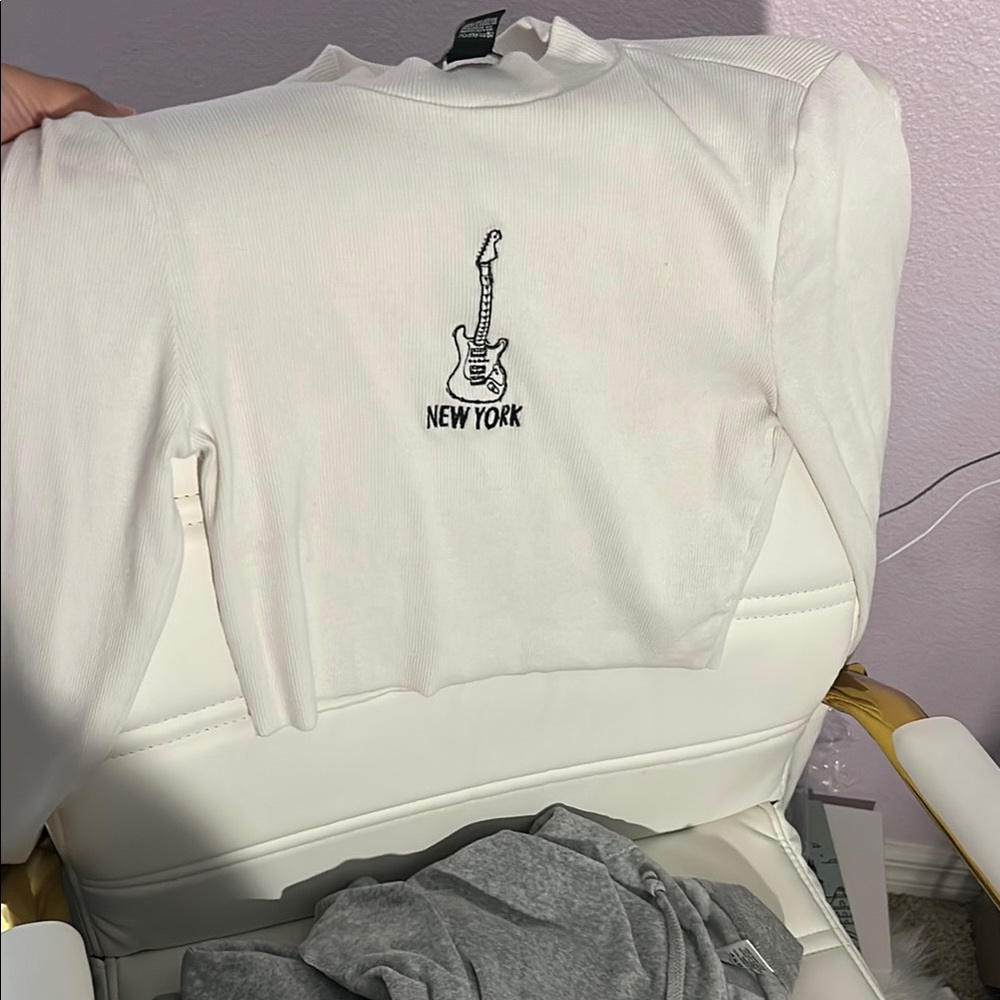 White Long Sleeve Top with Guitar Embroidery